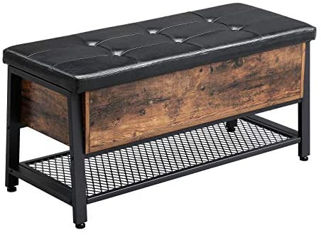 VASAGLE Industrial Storage Bench, Shoe Bench with Padded Seat and Metal Shelf, Multifunctional Seat Chest, Hallway Living Room, Sturdy Metal Frame ULSB47BX