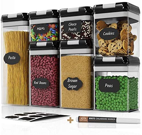 Chef’s Path Airtight Food Storage Container Set – 7 PC Set – Labels & Marker – Kitchen & Pantry Organization Containers – BPA-Free – Clear Plastic Canisters for Flour, Cereal with Improved Lids