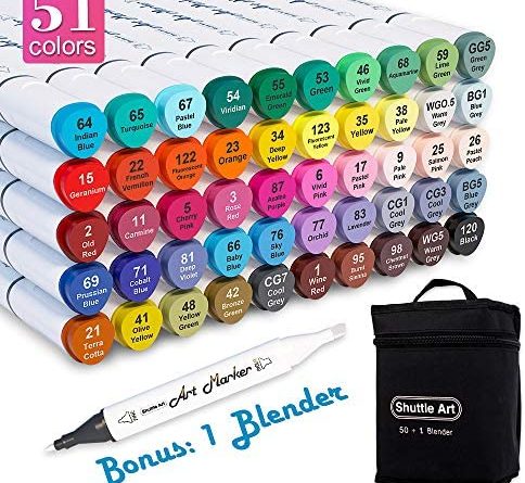51lkcXXiH8L. AC  484x445 - Shuttle Art 51 Colors Dual Tip Alcohol Based Art Markers, 50 Colors plus 1 Blender Permanent Marker Pens Highlighters with Case Perfect for Illustration Adult Coloring Sketching and Card Making