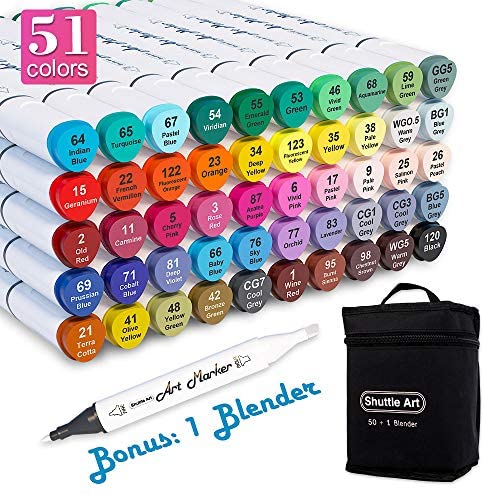 51lkcXXiH8L. AC  - Shuttle Art 51 Colors Dual Tip Alcohol Based Art Markers, 50 Colors plus 1 Blender Permanent Marker Pens Highlighters with Case Perfect for Illustration Adult Coloring Sketching and Card Making