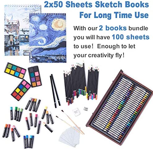 61KIuxxvjpL. AC  - 145 Piece Deluxe Art Creativity Set with 2 x 50 Page Drawing Pad, Art Supplies in Portable Wooden Case- Crayons, Oil Pastels, Colored Pencils, Watercolor Cakes, Sharpener, Sandpaper - Deluxe Art Set