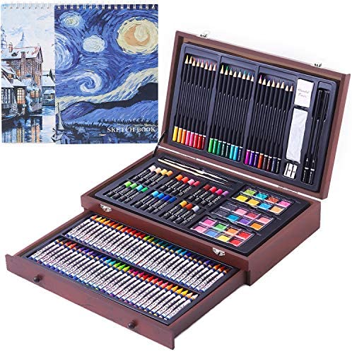 145 Piece Deluxe Art Creativity Set with 2 x 50 Page Drawing Pad, Art Supplies in Portable Wooden Case- Crayons, Oil Pastels, Colored Pencils, Watercolor Cakes, Sharpener, Sandpaper – Deluxe Art Set