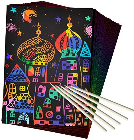 ZMLM Scratch Paper Art Set, 50 Piece Rainbow Magic Scratch Paper for Kids Black Scratch it Off Art Crafts Notes Boards Sheet with 5 Wooden Stylus for Easter Party Game Christmas Birthday Gift