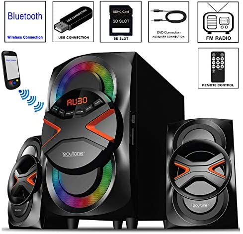 Boytone BT-326F, 2.1 Bluetooth Powerful Home Theater Speaker System, with FM Radio, SD USB Ports, Digital Playback, 40 Watts, Disco Lights, Full Function Remote Control, for Smartphone, Tablet.