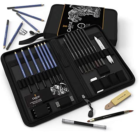 510Dc17aYvL. AC  - Castle Art Supplies Graphite Drawing Pencils and Sketch Set (40-Piece Kit), Complete Artist Kit Includes Charcoals, Pastels and Zippered Carry Case, Includes Rare Pop-Up Stand