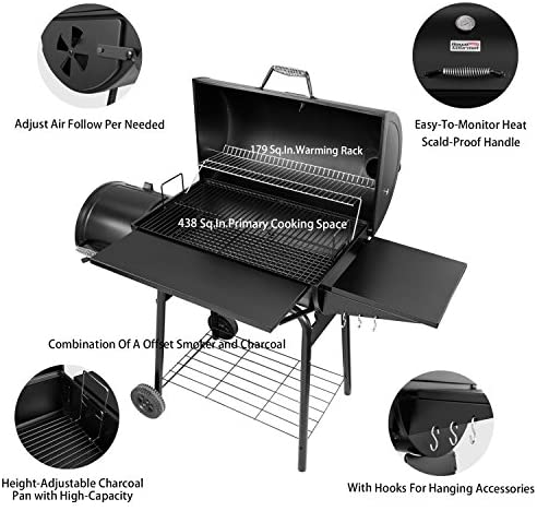 51Gojk13D2L. AC  - Royal Gourmet 30" BBQ Charcoal Grill and Offset Smoker | 800 Square Inch cooking surface, Outdoor for Camping | Black, CC1830S model