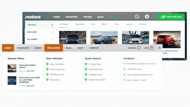 mega menu - Motors - Car Dealer, Rental & Classifieds WordPress theme