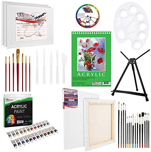 U.S Art Supply 60-Piece Deluxe Acrylic Painting Set with Aluminum Tabletop Easel, 24 Acrylic Colors, Acrylic Painting Pad, Stretched & Canvas Panels, Brushes & Palette Knives