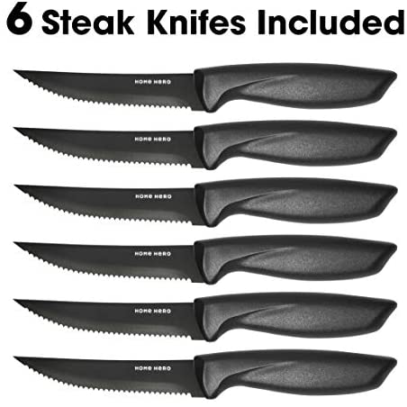 411Ig5IArvL. AC  - Stainless Steel Knife Set with Block 17 Piece Set Kitchen Knives Set Chef Knife Set with Knife Sharpener, 6 Steak Knives with Bonus Peeler Scissors Cheese Pizza Knife and Acrylic Stand by Home Hero