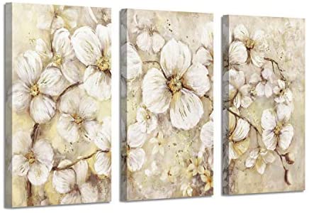 Abstract Flower Picture Canvas Art: White Bloom Gold Foil Painting for Wall Decor