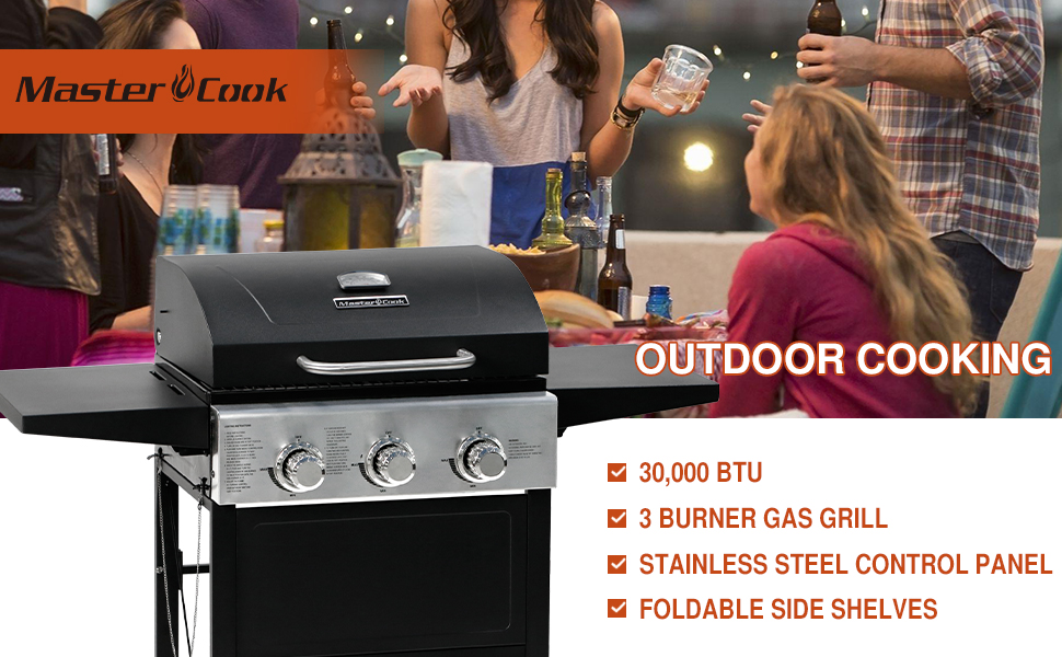 20791ad1 ccff 4866 9238 56421557f3a9.  CR0,0,970,600 PT0 SX970 V1    - MASTER COOK 3 Burner BBQ Propane Gas Grill, Stainless Steel 30,000 BTU Patio Garden Barbecue Grill with Two Foldable Shelves