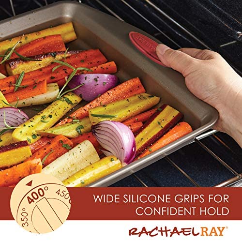 51Wfj4+nQFL. AC  - Rachael Ray 52410 Cucina Nonstick Bakeware Set with Baking Pans, Baking Sheets, Cookie Sheets, Cake Pan, Muffin Pan and Bread Pan - 10 Piece, Latte Brown with Cranberry Red Grip
