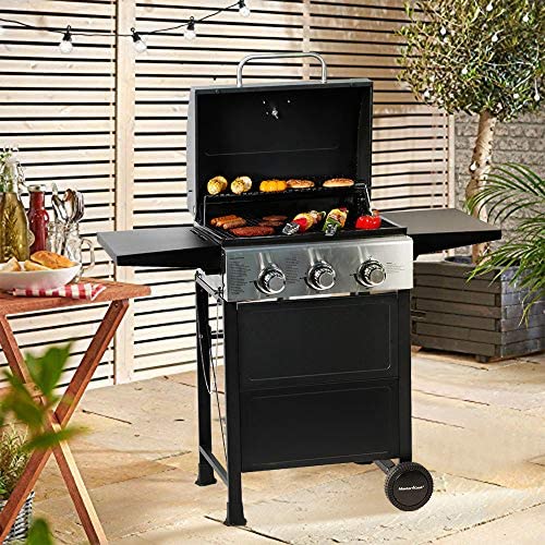 614RdVXF ZL. AC  - MASTER COOK 3 Burner BBQ Propane Gas Grill, Stainless Steel 30,000 BTU Patio Garden Barbecue Grill with Two Foldable Shelves