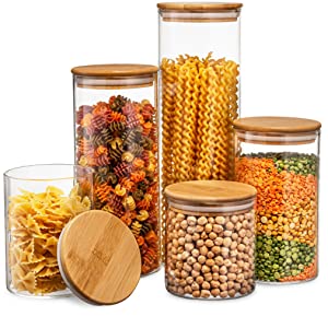 09f84952 f230 4acf 94bf 790e509f70cb.  CR133,101,1013,1013 PT0 SX300 V1    - Canister Set of 5, Glass Kitchen Canisters with Airtight Bamboo Lid, Glass Storage Jars for Kitchen, Bathroom and Pantry Organization Ideal for Flour, Sugar, Coffee, Cookie Jar, Candy, Snack and More