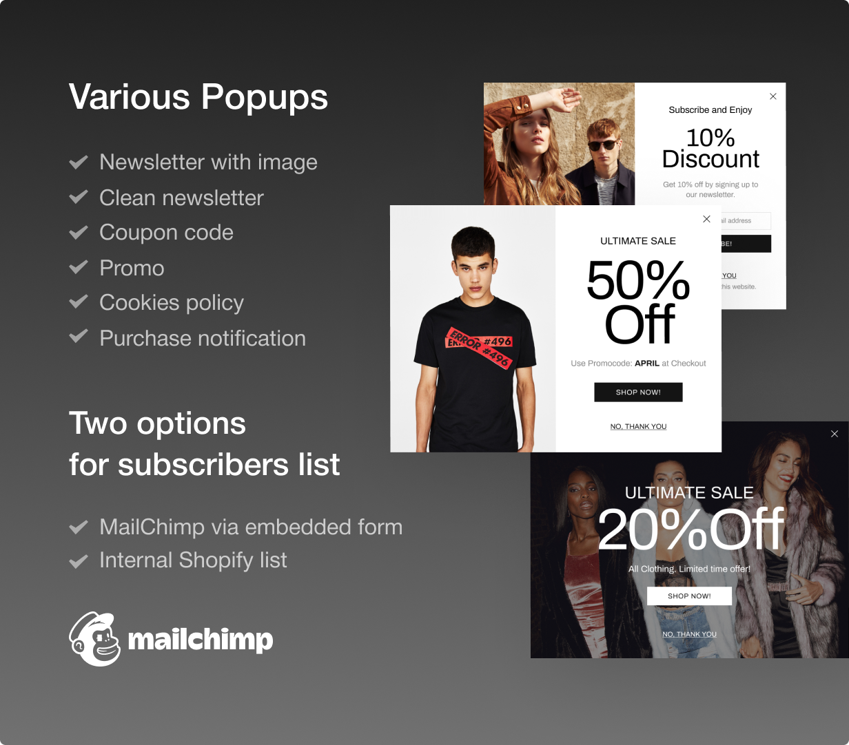 12 various popups - Shella - Multipurpose Shopify theme, fastest with the banner builder
