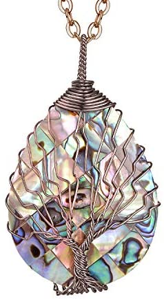 sedmart Tear Drop Abalone Shell Pendent Necklace Wire Wrap Abalone Shell Tree of Life Pendant Necklace Fashion Necklace Jewelry for Women Handmade Necklace Mothers Day Necklace for mom Jewelry