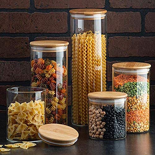 Canister Set of 5, Glass Kitchen Canisters with Airtight Bamboo Lid, Glass Storage Jars for Kitchen, Bathroom and Pantry Organization Ideal for Flour, Sugar, Coffee, Cookie Jar, Candy, Snack and More