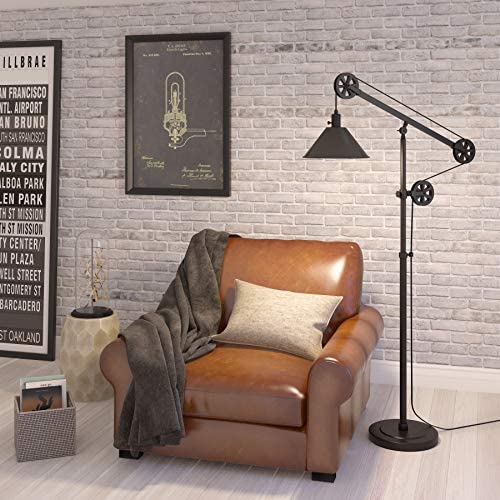51ymMhcD7aL. AC  - Henn&Hart FL0022 Modern Industrial Pulley System Contemporary Blackened Bronze with Metal Shade for Living Room, Office, Study Or Bedroom Floor Lamp, One Size, Black