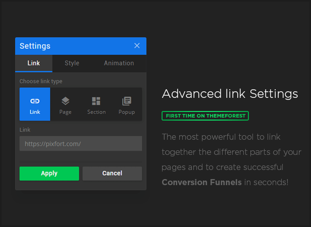 link settings - MEGAPACK – Marketing HTML Landing Pages Pack + PixFort Page Builder Access