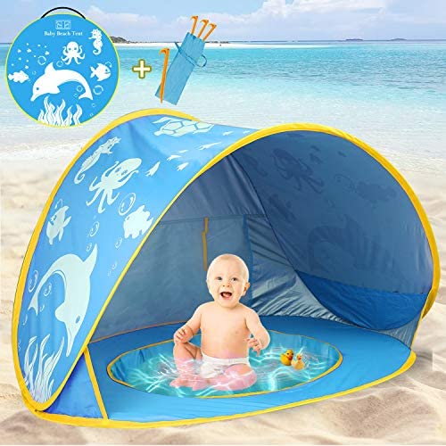 TURNMEON Baby Beach Tent with Pool,2020 Upgrade Easy Fold Up & Pop Up Unique Ocean World Baby Tent,50+ UPF UV Protection Outdoor Tent for Aged 0-4 Baby Kids Parks Beach Shade (Blue)