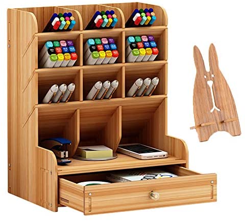 1608709147 51IP8H6GtOL. AC  - Marbrasse Wooden Desk Organizer, Multi-Functional DIY Pen Holder Box, Desktop Stationary, Easy Assembly ,Home Office Supply Storage Rack with Drawer (B11-Cherry Color)