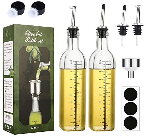 [2 PACK]Aozita 17 oz Glass Olive Oil Dispenser Bottle Set – 500ml Clear Oil & Vinegar Cruet Bottle with Pourers, Funnel and Labels – Olive Oil Carafe Decanter for Kitchen