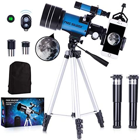 FREE SOLDIER Telescope for Kids&Astronomy Beginners – 70mm Aperture Refractor Telescope for Stargazing With Adjustable Tripod Phone Adapter Wireless Remote Perfect Travel Telescope Gift for Kids, Blue