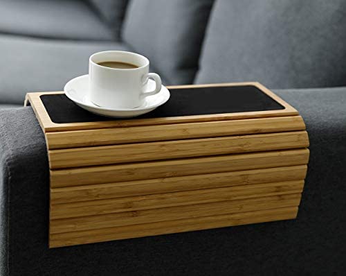 41tDOblKz1L. AC  - Sofa Arm Tray Table Slinky Secure/Flexible/Foldable Couch Tray Table with Non-Slip Mat for Drinks, Food, Phone or Remote. Sustainable Slinky Bamboo Design (16.5"L x 13.25"W x 0.4"H, Natural Bamboo)