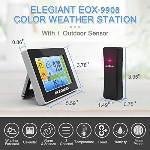 51cc ogCZNL - ELEGIANT Wireless Weather Station, Indoor Outdoor Thermometer Hygrometer with Sensor, LCD Color Screen, Digital Temperature Humidity Monitor, Weather Forecast, Alarm Clock, Adjustable Brightness