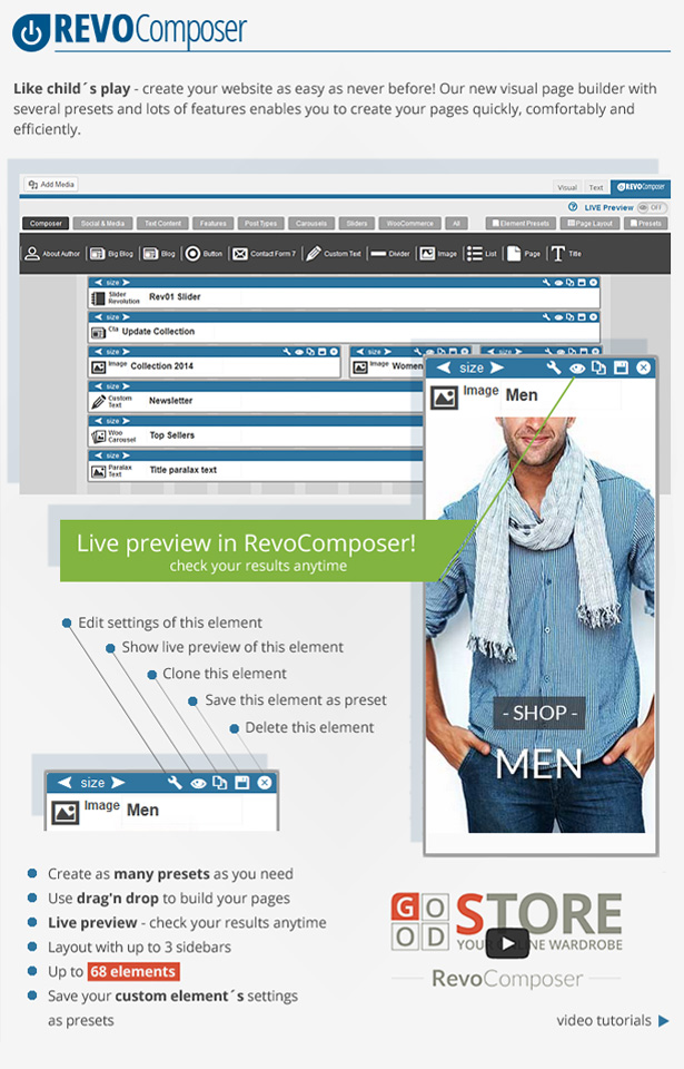RevoComposer - Like child´s play - create your website as easy as never before! Our new visual pagebuilder with several presets and lost of features enables you to create your pages quickly, comfortably and efficiently