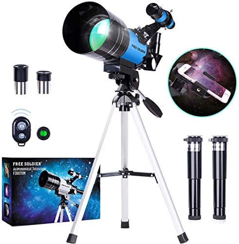 FREE SOLDIER Telescope for Kids Astronomy Beginners – 70mm Aperture High Magnification Astronomical Refractor Telescope with Phone Adapter Wireless Remote Portable Telescope for Kids, Blue