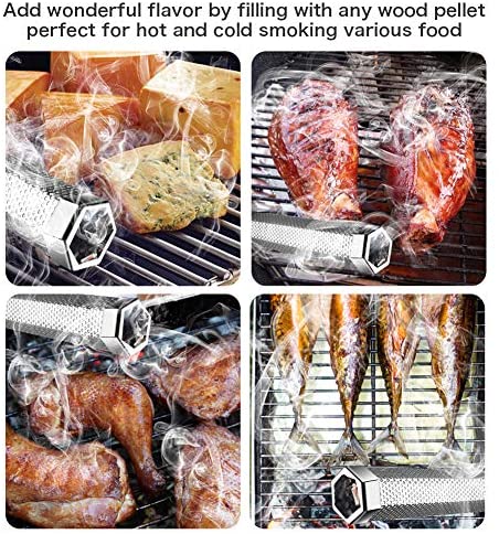 61MrR3WLsdL. AC  - Pellet Smoker Tube, 12'' Stainless Steel BBQ Wood Pellet Tube Smoker for Cold/Hot Smoking, Portable Barbecue Smoke Generator Works with Electric Gas Charcoal Grill or Smokers, Bonus Brush, Hexagon