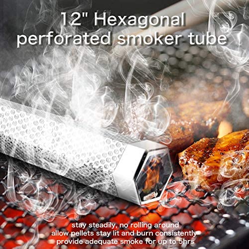 61XEuCMpKyL. AC  - Pellet Smoker Tube, 12'' Stainless Steel BBQ Wood Pellet Tube Smoker for Cold/Hot Smoking, Portable Barbecue Smoke Generator Works with Electric Gas Charcoal Grill or Smokers, Bonus Brush, Hexagon