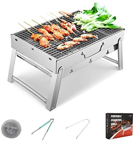 51fzb7j odL. AC  - Sunkorto 15.4x10.6x8 Inch Folded Charcoal BBQ Grill Set, Stainless Steel Portable Folding Charcoal Barbecue Grill, Barbecue Tool Kits for Outdoor Picnic Patio Backyard Camping Cooking