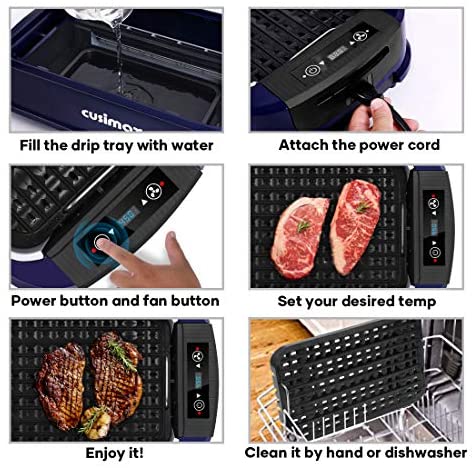 51lpe9sxe+L. AC  - Indoor Grill Electric Grill Griddle CUSIMAX Smokeless Grill, Portable Korean BBQ Grill with Turbo Smoke Extractor Technology, Non-stick Removable Plates, Dishwasher-Safe, Tempered Glass Lid,1500W