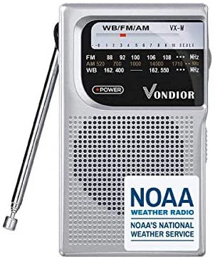 NOAA Weather Radio – Emergency NOAA/AM/FM Battery Operated Portable Radio with Best Reception and Longest Lasting Transistor. Powered by 2 AA Battery with Mono Headphone Socket, by Vondior (Silver)