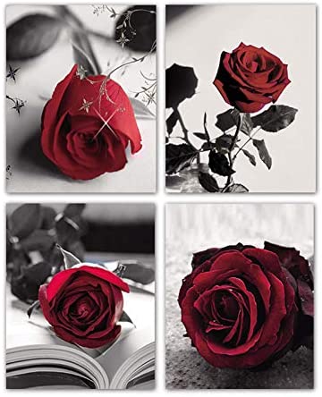 Modern Artwork Black And White Photo Red Rose Wall Art Paintings Set of 4 Rose Floral Picture Decor for Study Room Bedroom Living Room Home Decor Gift Frameless (8×10)