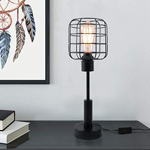 Edison Lamp, Industrial Desk Lamp, Metal Shade Cage Table Lamp for Nightstand, Bedside, Dressers, Coffee Table, Night Light Home Decor, Black