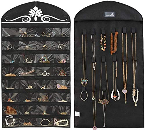 51XqVNd65DL. AC  - Misslo Jewelry Hanging Non-Woven Organizer Holder 32 Pockets 18 Hook and Loops - Black