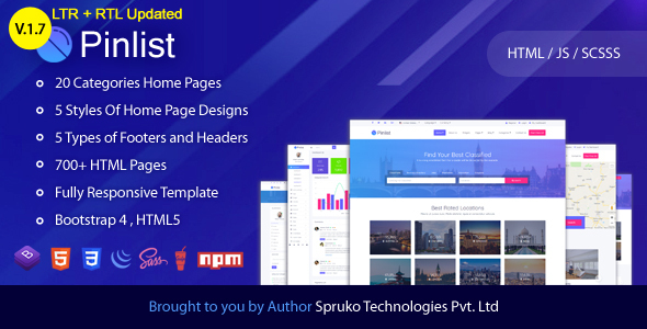 Pinlist – Directory, Classifieds and Jobs Multipurpose Bootstrap4 HTML5 Listing Template