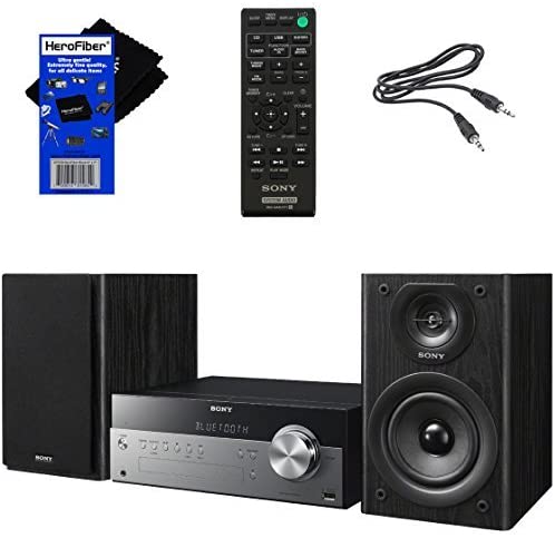 Sony All-in-one Stylish Micro Music Hi-Fi Bookshelf Stereo System for Home with Bluetooth, USB, CD Player & AM/FM Radio + Bundle with Remote + Aux Cable + HeroFiber Cloth, Compatible with Sony System