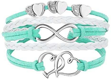 Hithop Leather Wrap Bracelets Girls Double Hearts Infinity Rope Wristband Bracelets Gifts (Green)