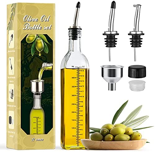 Aozita 17oz Glass Olive Oil Dispenser Bottle – 500ml Clear -Oil & Vinegar Cruet with Pourers and Funnel – Olive Oil Carafe Decanter for Kitchen