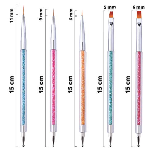 41XYFAuDQ3L - Cizoackle Nail Art Brushes - Double-Ended Brush and Dotting Tool Kit - Elegant Nail Pen Set with Shiny Handles - Easy To Use Professional Liner Tools 5 Pcs