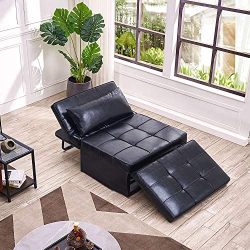 51j3D6EpqCL. AC  - Vonanda Leather Ottoman Sofa Bed, Small Modern Couch Multi-Position Convertible Comfortable and Durable Leather Couch Lounger Guest Bed with Pillow for Small Space, Black