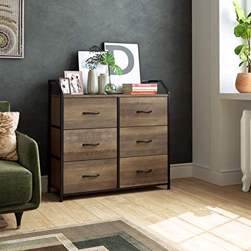 51khWusynqL. AC  - HOMECHO Fabric Dresser with 6 Drawers, Wide Chest of Drawers with Wood Top, Sturdy Metal Frame, Furniture Storage Tower for Bedroom, Closets, Hallway, Entryway, Rustic Brown