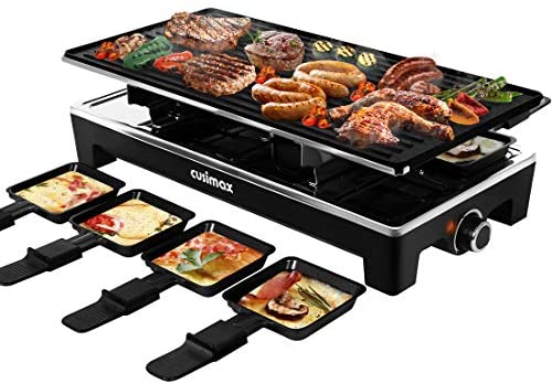 CUSIMAX Raclette Grill Electric Grill Table, Portable 2 in 1 Korean BBQ Grill Indoor & Cheese Ractlette, Reversible Non-stick plate, Crepe Maker with Adjustable temperature control and 8 Paddles