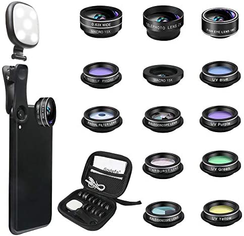 Godefa Phone Camera Lens Kit, 14 in 1 Lenses with Selfie Ring Light for iPhone 12, 11, Xs, Xr,8 7 6s Plus, Samsung and Other Andriod Smartphone, Universal Clip on Wide Angle+Macro+ Zoom Camera Lenses