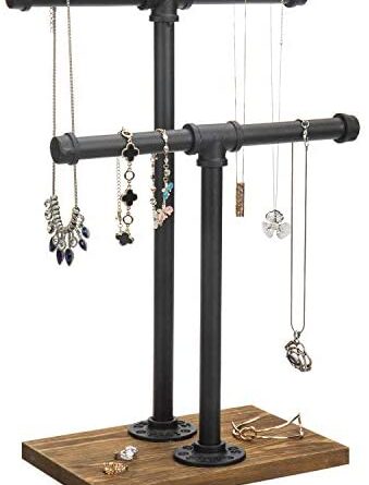 1626786932 418B62FpSrL. AC  339x445 - MyGift 2-Tier Urban Rustic Metal Industrial Pipe & Brown Wood T-Bar Necklace Jewelry Stand