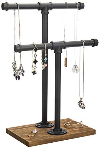 MyGift 2-Tier Urban Rustic Metal Industrial Pipe & Brown Wood T-Bar Necklace Jewelry Stand